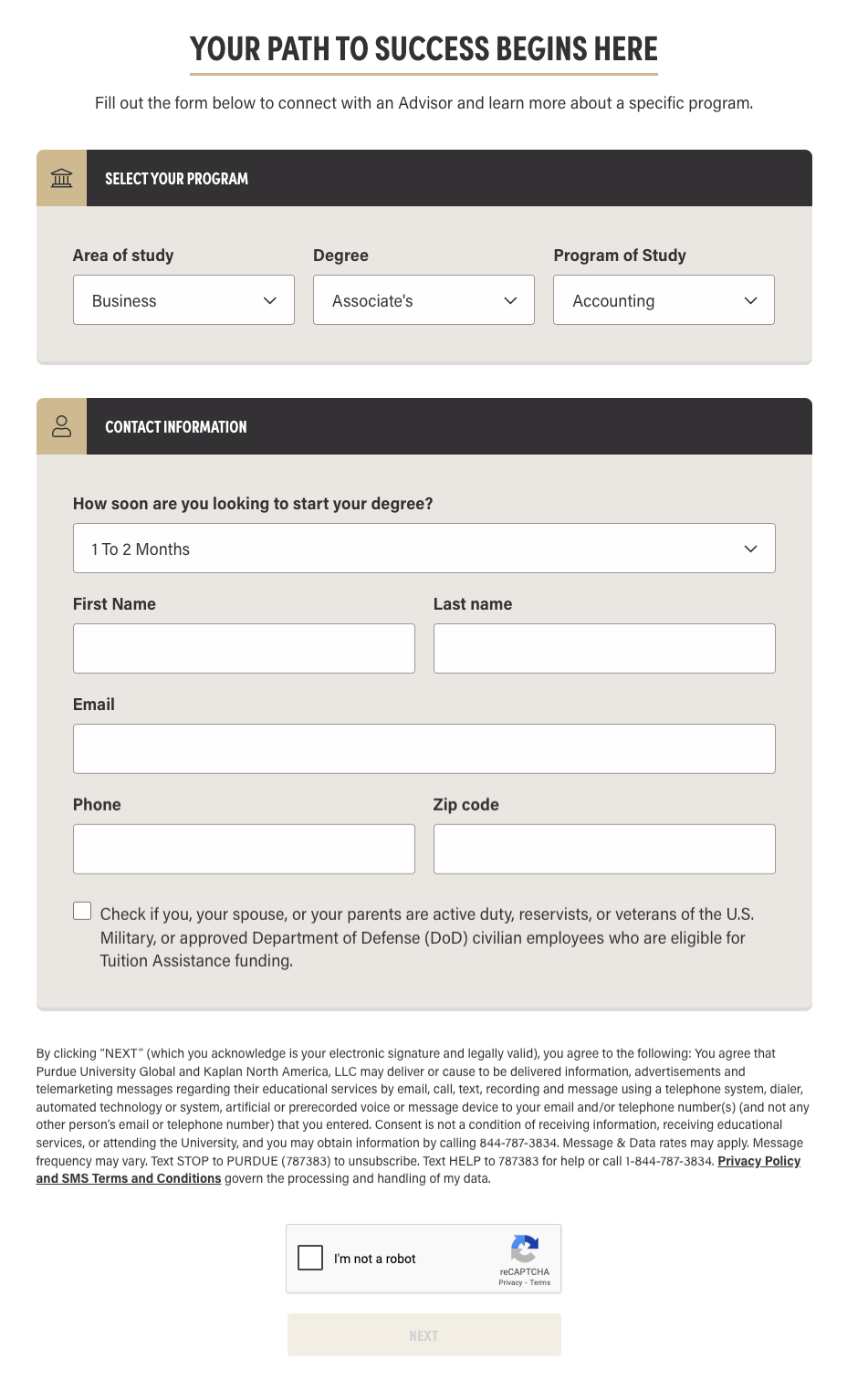 Purdue Global Request for Information Form